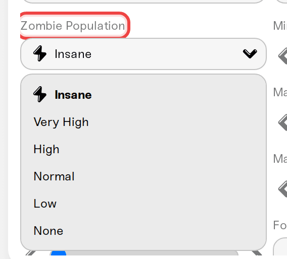 The Zombie Population preset dropdown highlighted in the server settings The Zombie Population preset dropdown highlighted in the server settings