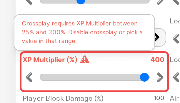 XP Multiplier above 300% shown in red with the crossplay reason XP Multiplier above 300% shown in red with the crossplay reason