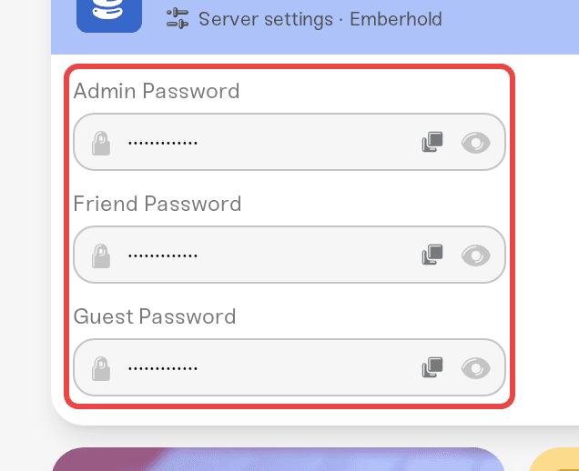 The Admin, Friend, and Guest Password fields in the Details tab The Admin, Friend, and Guest Password fields in the Details tab