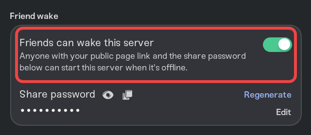 The Friend wake section of Public Page settings with the toggle and share password The Friend wake section of Public Page settings with the toggle and share password