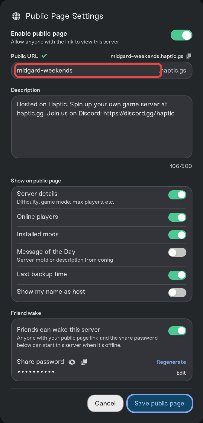 The Public Page Settings window with the Enable public page toggle and Public URL field The Public Page Settings window with the Enable public page toggle and Public URL field