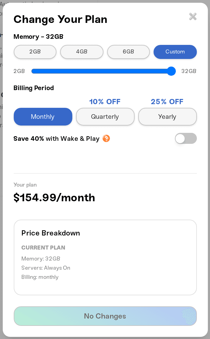 The Save 40% with Wake & Play toggle in the Change Plan modal
