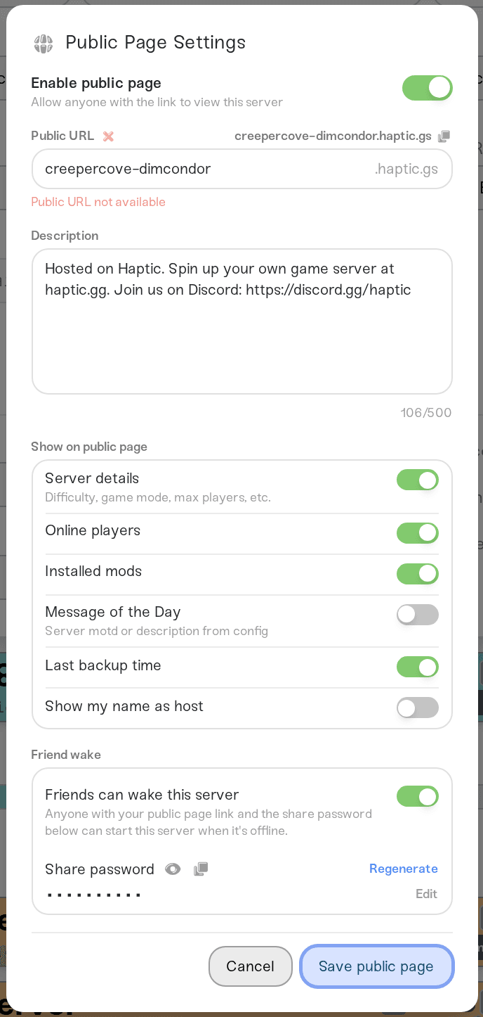 The Show on public page toggle group in Public Page Settings The Show on public page toggle group in Public Page Settings