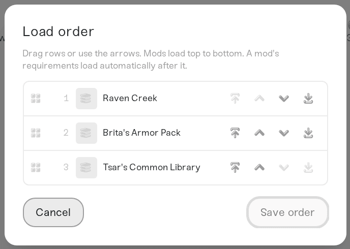 The Load order dialog with drag handles and arrows The Load order dialog with drag handles and arrows