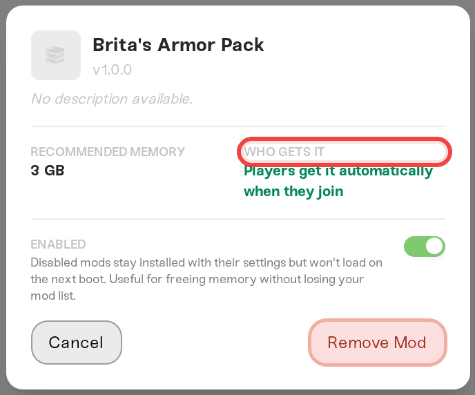 Who Gets It stat in the mod detail panel Who Gets It stat in the mod detail panel