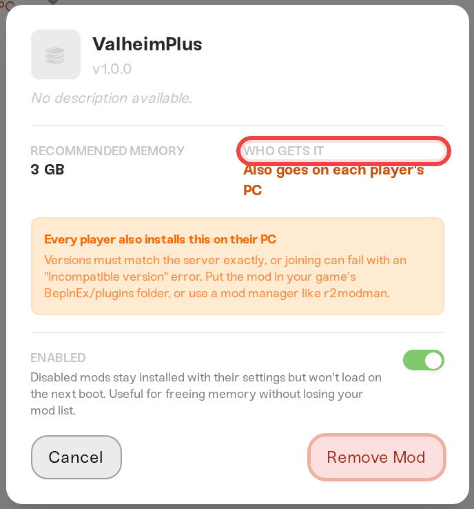 Client-install notice for a Valheim mod Client-install notice for a Valheim mod