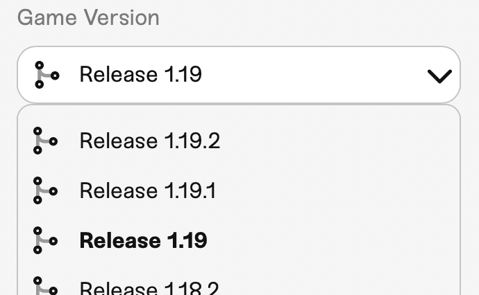 Minecraft Game Versions in the Configure menu. Minecraft Game Versions in the Configure menu.