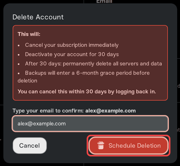The Delete Account confirmation dialog with the Schedule Deletion button The Delete Account confirmation dialog with the Schedule Deletion button
