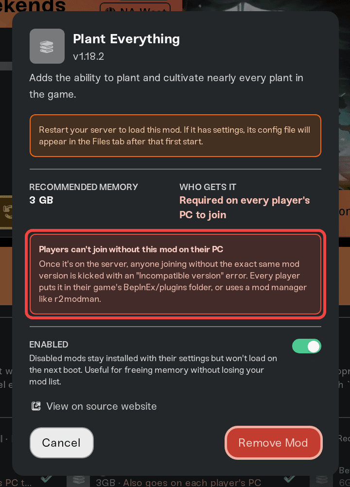 Client-install notice for a Valheim mod Client-install notice for a Valheim mod