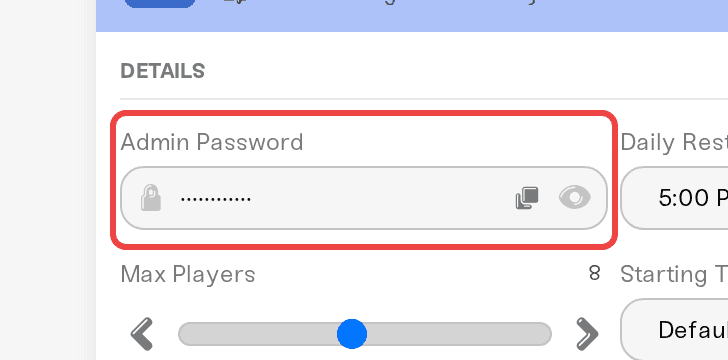 Admin Password field with the eye reveal on the Details tab Admin Password field with the eye reveal on the Details tab