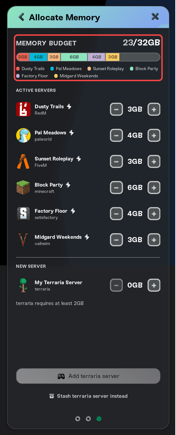 The Memory Budget bar in the Allocate Memory step of adding a server