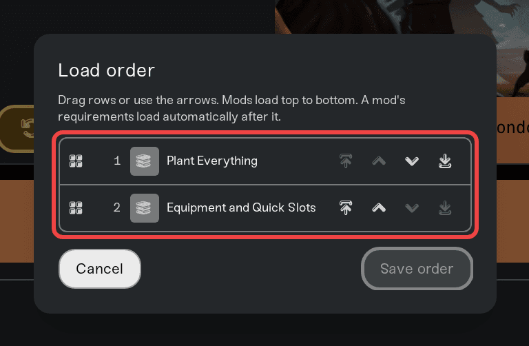 The Load order dialog with drag handles and arrows The Load order dialog with drag handles and arrows