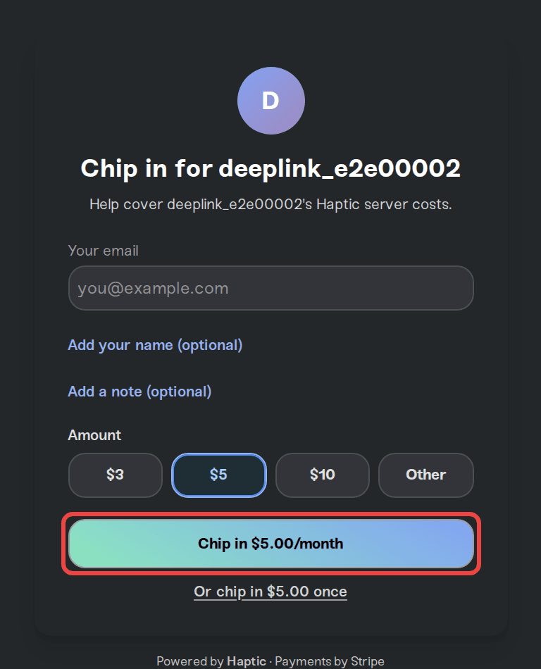 The chip-in page a friend sees, with amount presets and the monthly button The chip-in page a friend sees, with amount presets and the monthly button