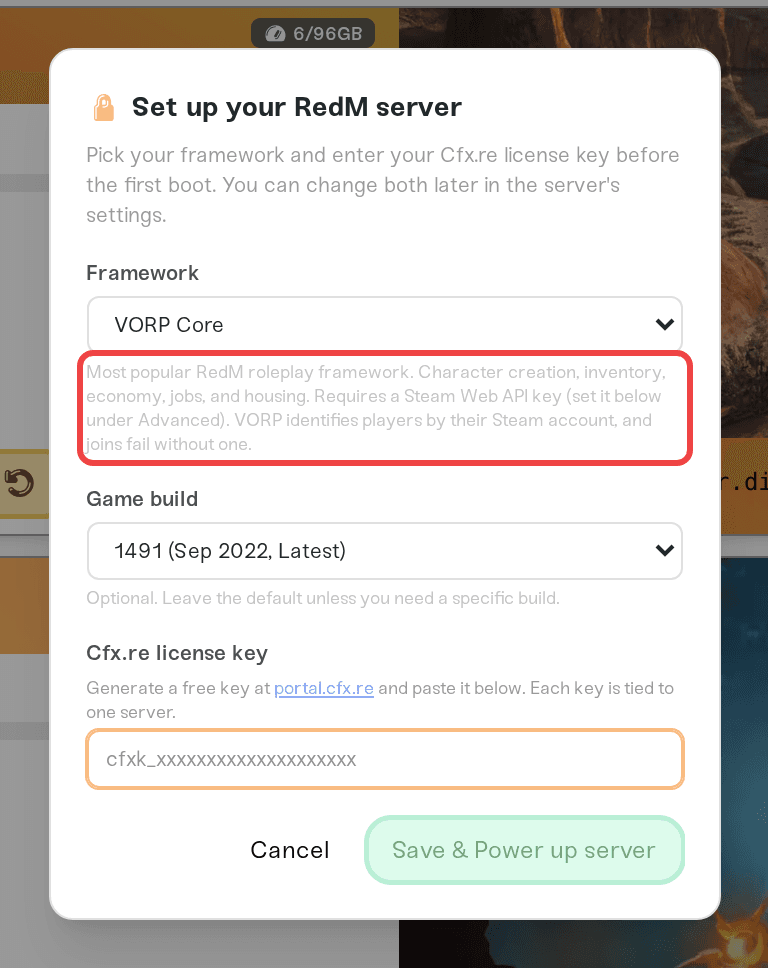 First-start dialog with VORP Core selected, showing the Steam Web API key warning under the framework dropdown First-start dialog with VORP Core selected, showing the Steam Web API key warning under the framework dropdown
