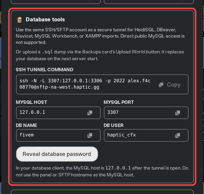 Database tools section in the SFTP window with tunnel command and database login Database tools section in the SFTP window with tunnel command and database login