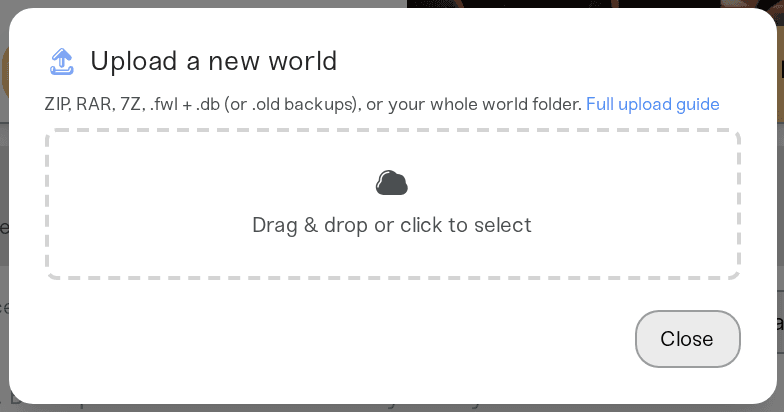 Upload World dialog with the drag-and-drop box for both Valheim world files Upload World dialog with the drag-and-drop box for both Valheim world files