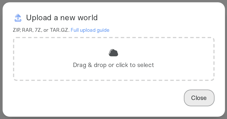 Upload box on a Bedrock server showing the accepted formats Upload box on a Bedrock server showing the accepted formats