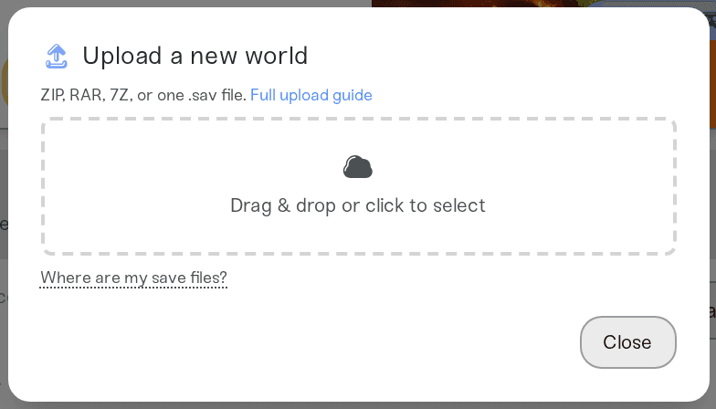 The Upload World window on a Dragonwilds server's Backups card The Upload World window on a Dragonwilds server's Backups card