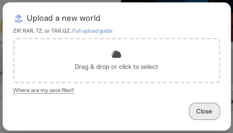 The Upload World dialog on a V Rising server's Backups card The Upload World dialog on a V Rising server's Backups card