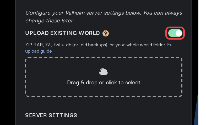 The Upload Existing World toggle with the upload box open The Upload Existing World toggle with the upload box open