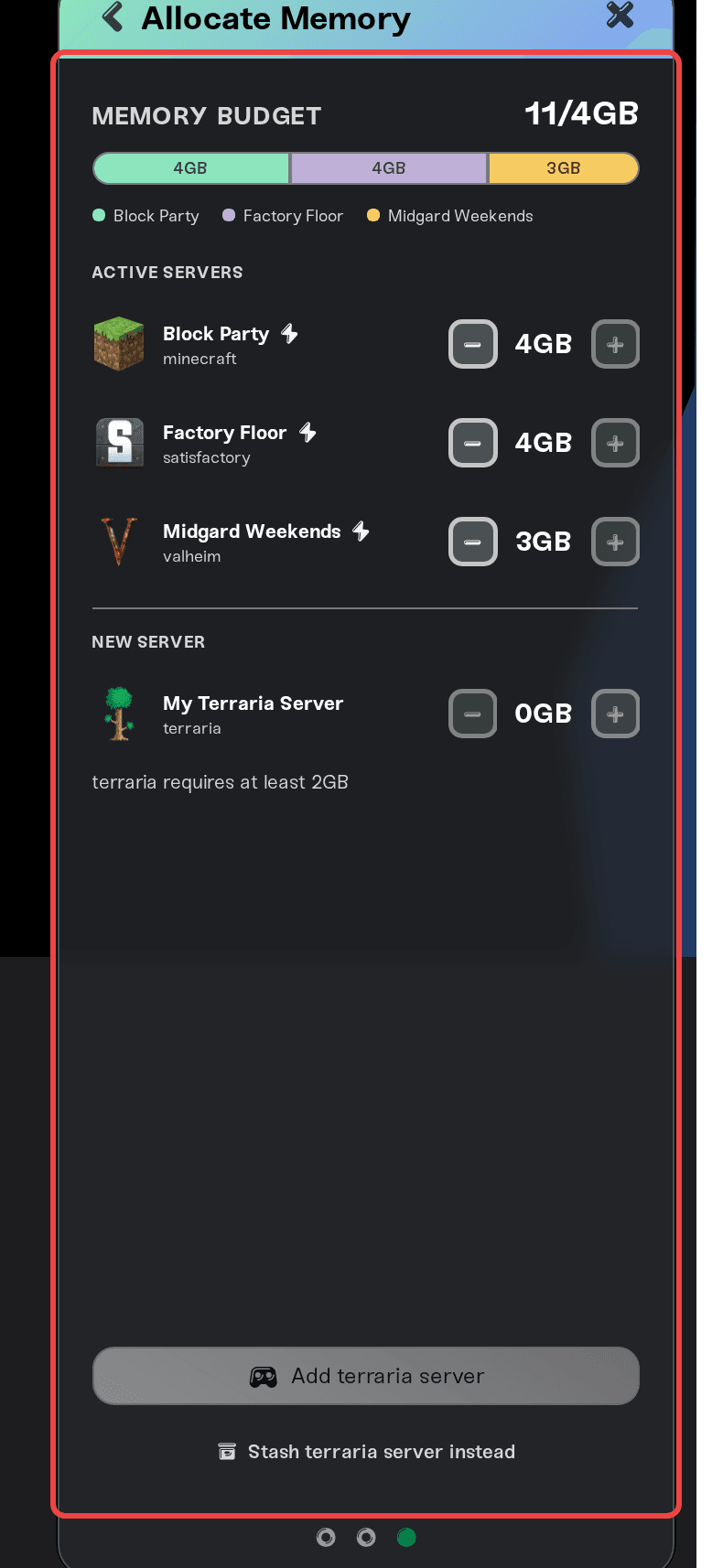 The Allocate Memory step when adding a server, with the Memory Budget bar and the memory controls for each server The Allocate Memory step when adding a server, with the Memory Budget bar and the memory controls for each server