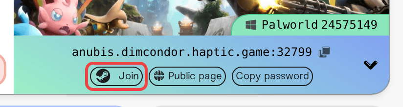 The server address and the Steam Join button on the server card The server address and the Steam Join button on the server card