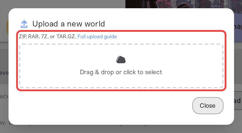 The Upload a new world dialog on a Satisfactory server with the ZIP, RAR, 7Z, or TAR.GZ hint The Upload a new world dialog on a Satisfactory server with the ZIP, RAR, 7Z, or TAR.GZ hint