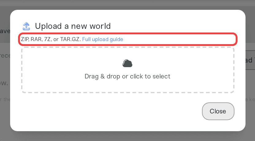 Upload box on a Bedrock server showing the accepted formats Upload box on a Bedrock server showing the accepted formats