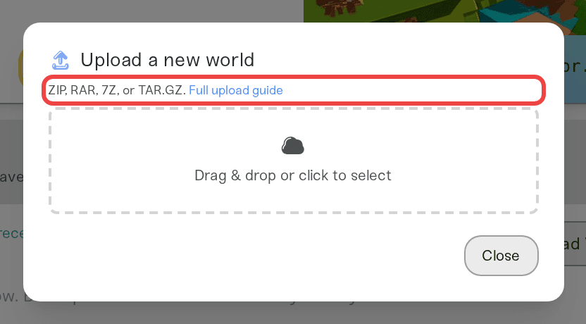 The upload box listing the accepted archive formats The upload box listing the accepted archive formats