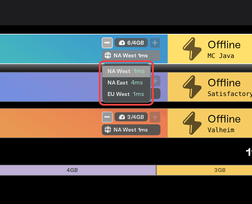 Region dropdown open in Manage Servers, showing your ping to every region Region dropdown open in Manage Servers, showing your ping to every region
