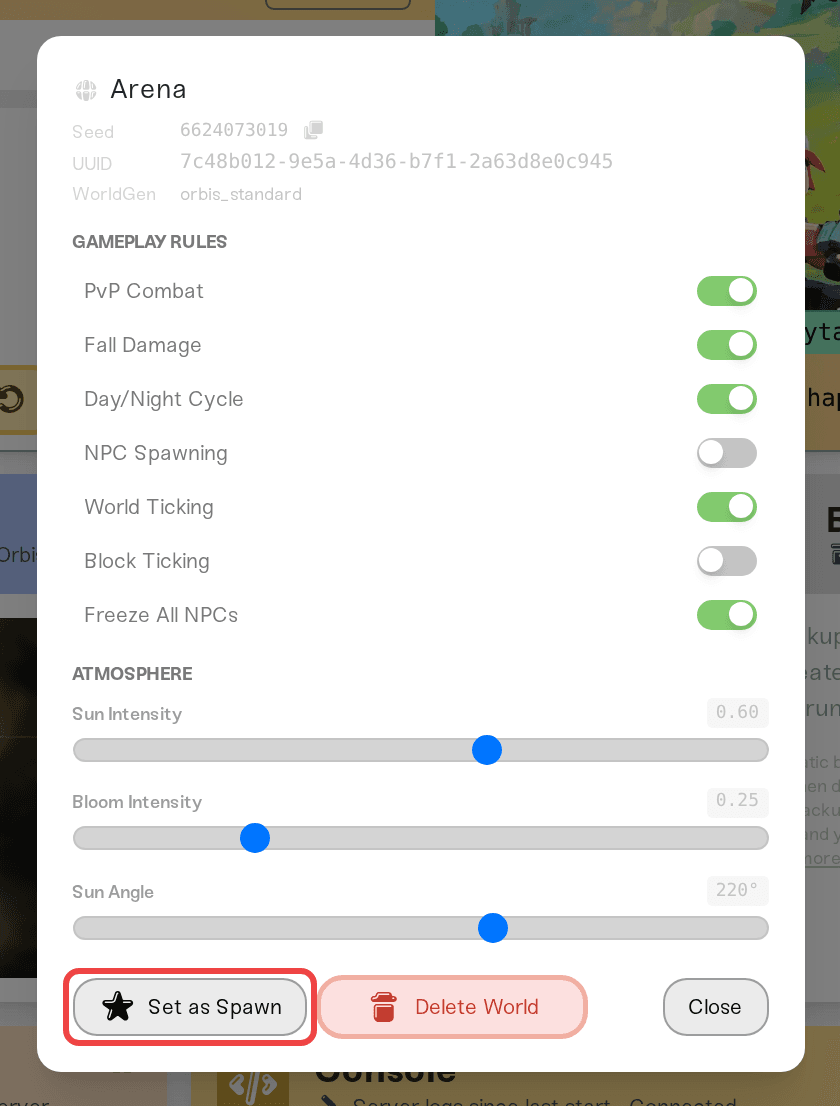 The Set as Spawn button in a world's settings The Set as Spawn button in a world's settings