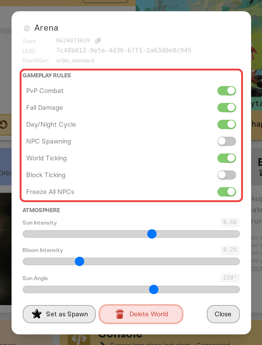 Gameplay Rules toggles and Atmosphere sliders inside a world Gameplay Rules toggles and Atmosphere sliders inside a world