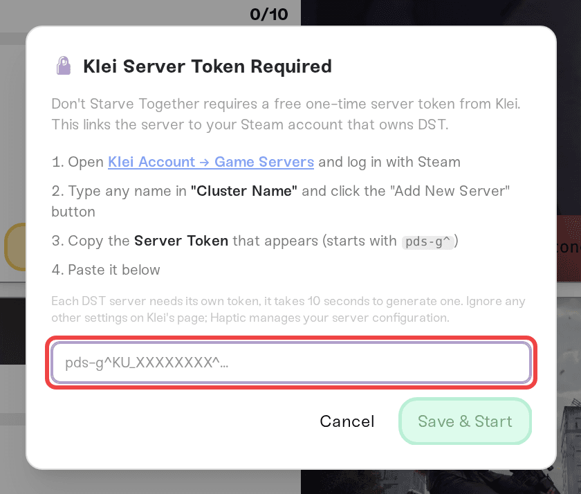 The Klei Server Token Required dialog that opens the first time you press Power up The Klei Server Token Required dialog that opens the first time you press Power up