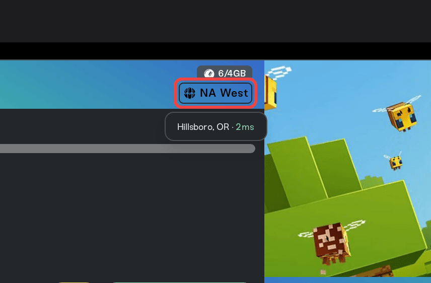 Region chip on the server card with the city and ping tooltip Region chip on the server card with the city and ping tooltip
