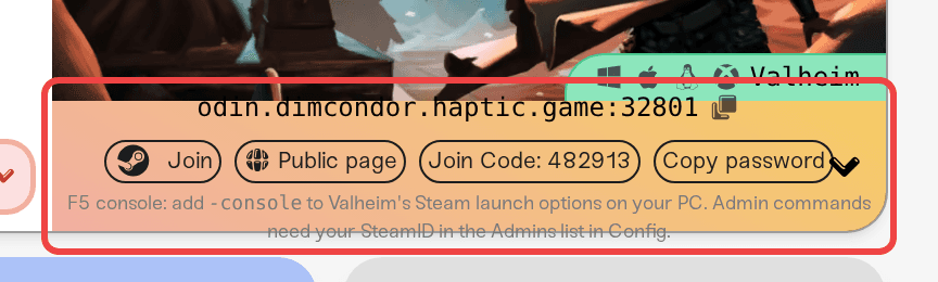 The address strip on a Valheim server card with the Copy password and Join pills The address strip on a Valheim server card with the Copy password and Join pills