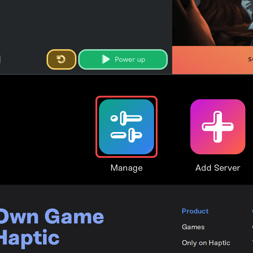 The Manage button on the My Servers page