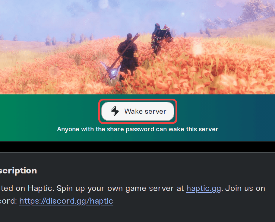 The Wake server button on a sleeping server's public page The Wake server button on a sleeping server's public page