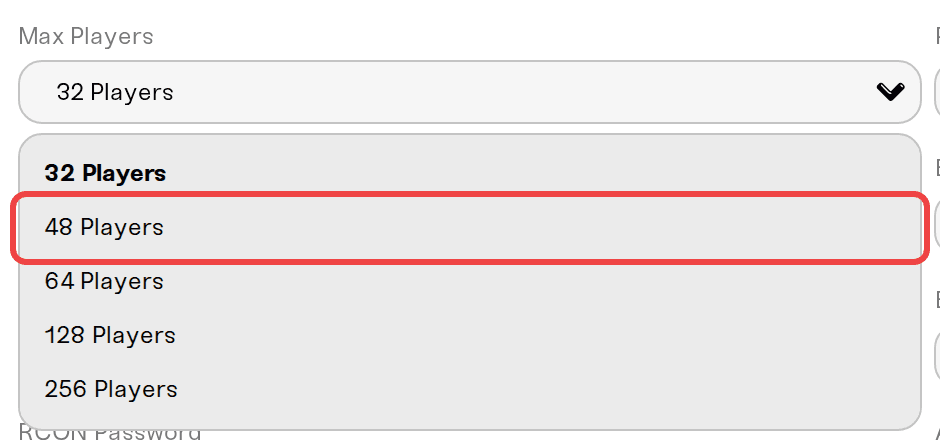 Max Players dropdown open, with 48 Players the highest option that works without a Cfx.re subscription