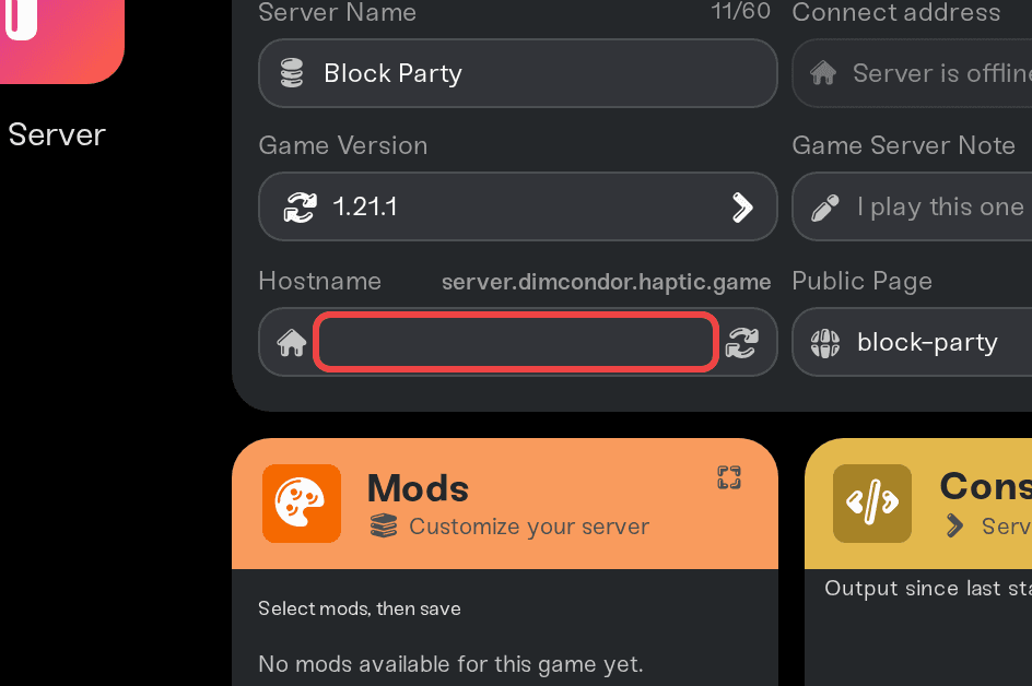 The Hostname field with the Randomize button and full address preview The Hostname field with the Randomize button and full address preview