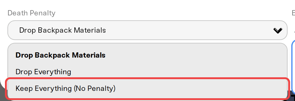 The Death Penalty dropdown open, with Keep Everything (No Penalty) highlighted The Death Penalty dropdown open, with Keep Everything (No Penalty) highlighted