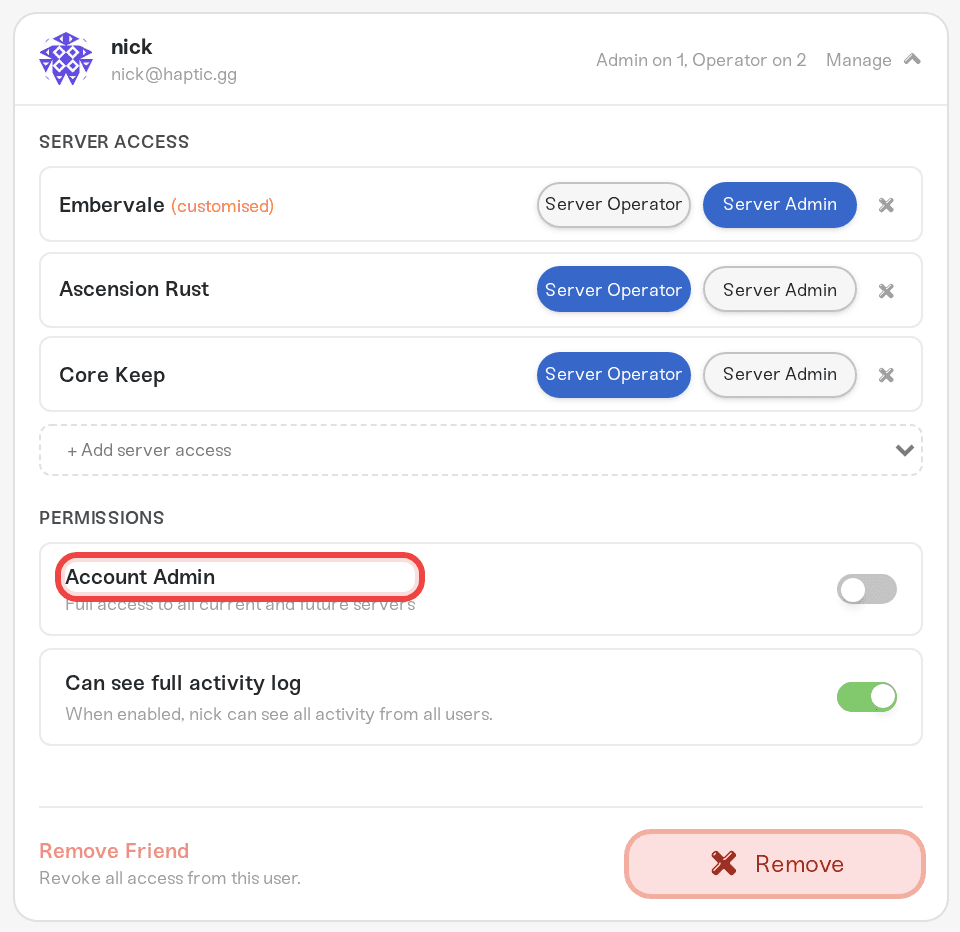 The Permissions section of a friend card with the Account Admin toggle The Permissions section of a friend card with the Account Admin toggle