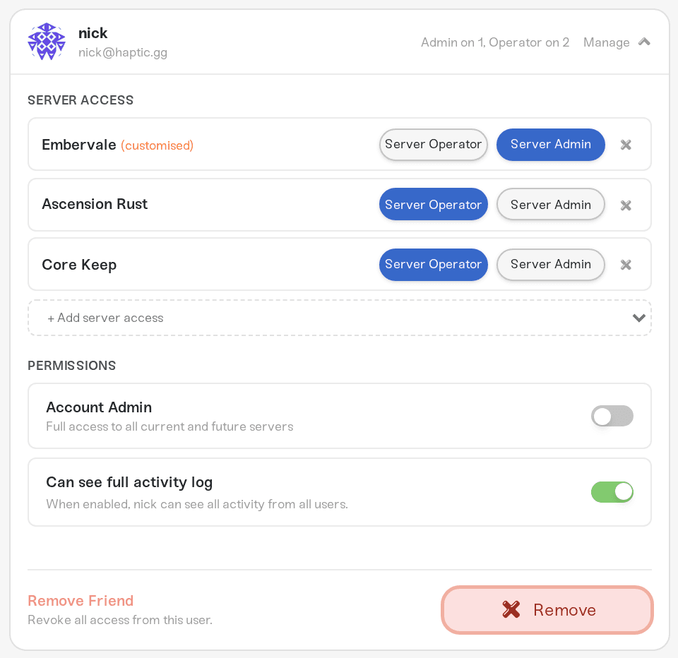 An expanded friend card showing the per-server preset buttons An expanded friend card showing the per-server preset buttons