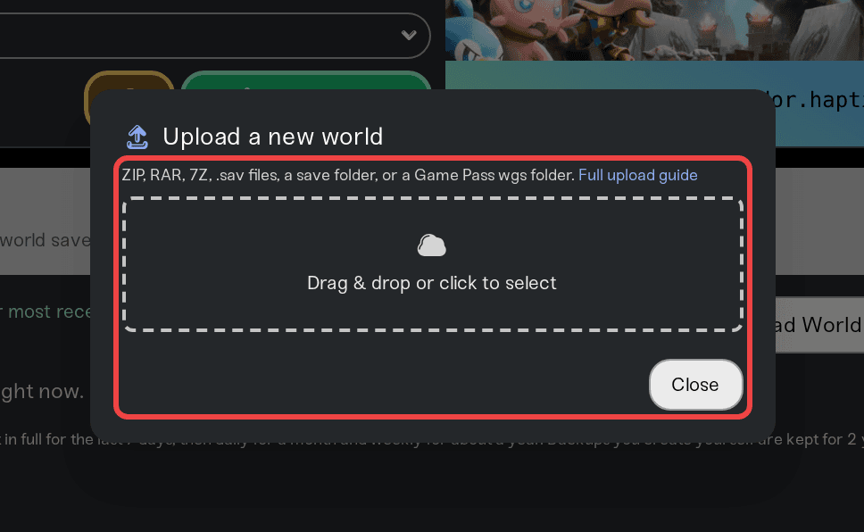 Upload World window with the drag-and-drop box that accepts a world folder or archive