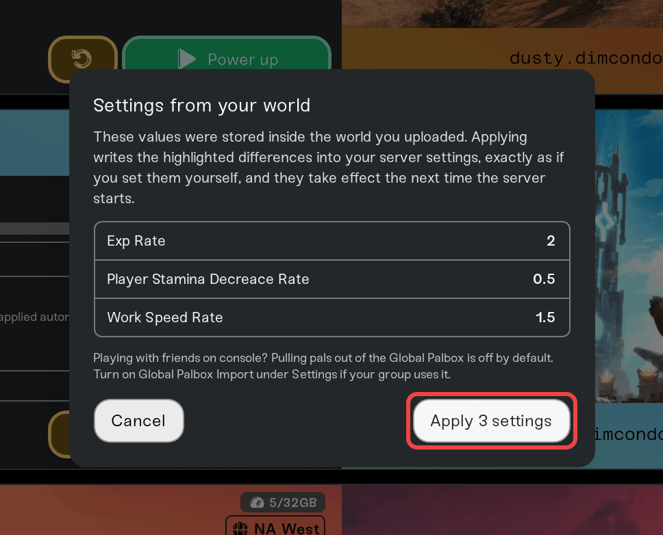 Settings from your world review dialog listing co-op settings with an apply button