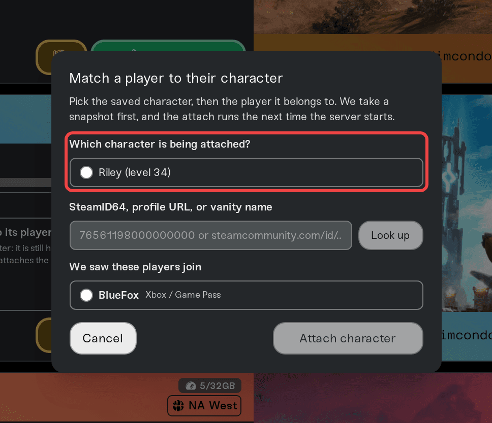 Match window listing the old character to attach and the players we saw join Match window listing the old character to attach and the players we saw join