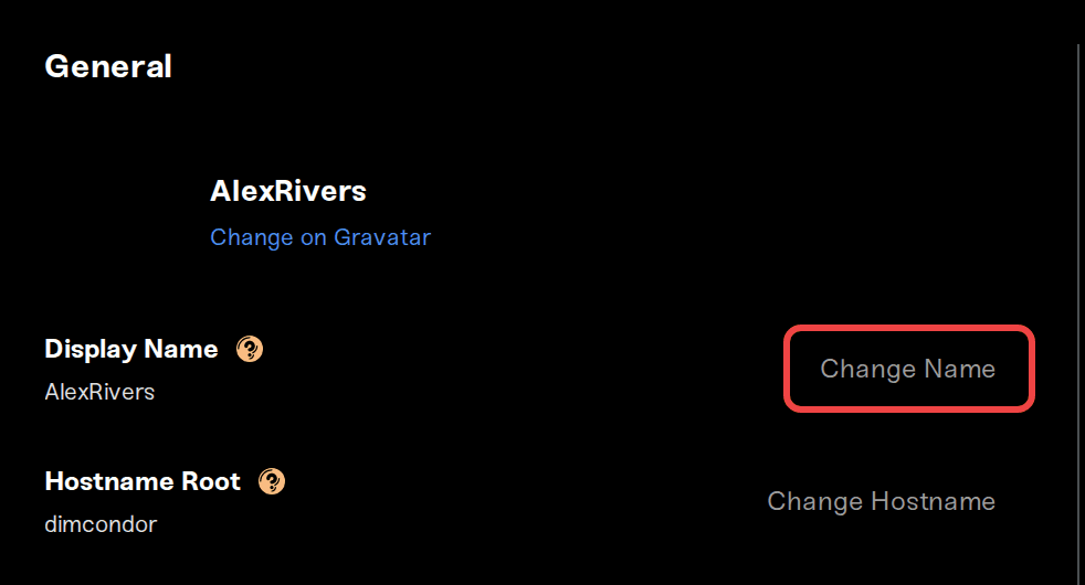 The Display Name row with the Change Name button The Display Name row with the Change Name button