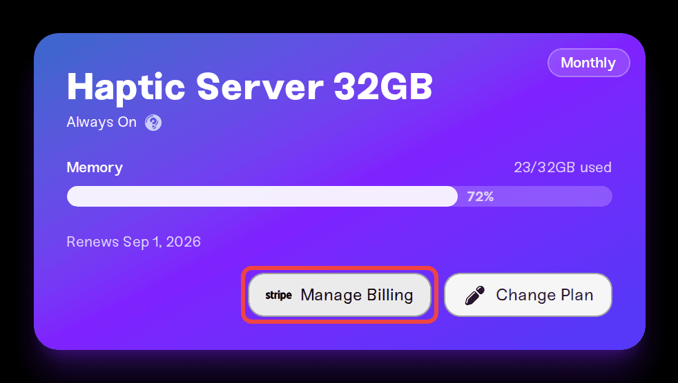 The Manage Billing button on the Your Haptic Plan tab The Manage Billing button on the Your Haptic Plan tab